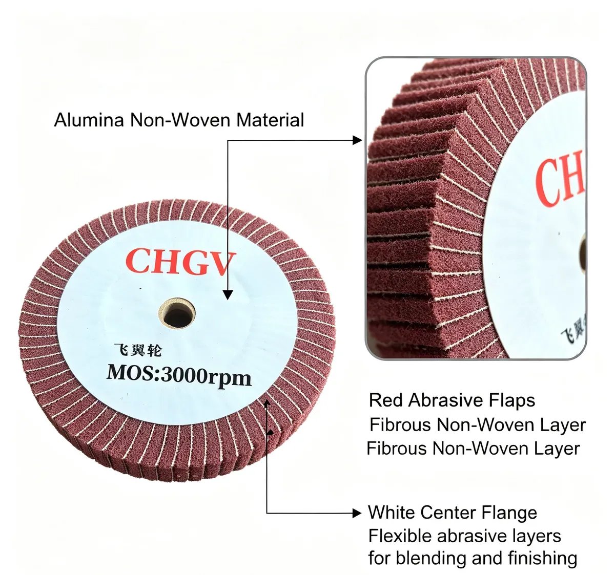 Non-Woven Aluminium Oxide Flap Wheel 200x25 mm Red 320-400# for Stainless Steel - view 1