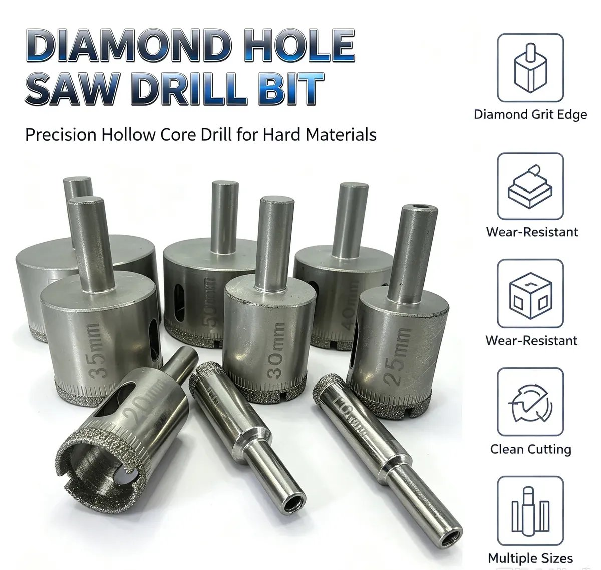Hollow Core Diamond Drill Bit Set for Glass and Ceramic (2-19 mm)